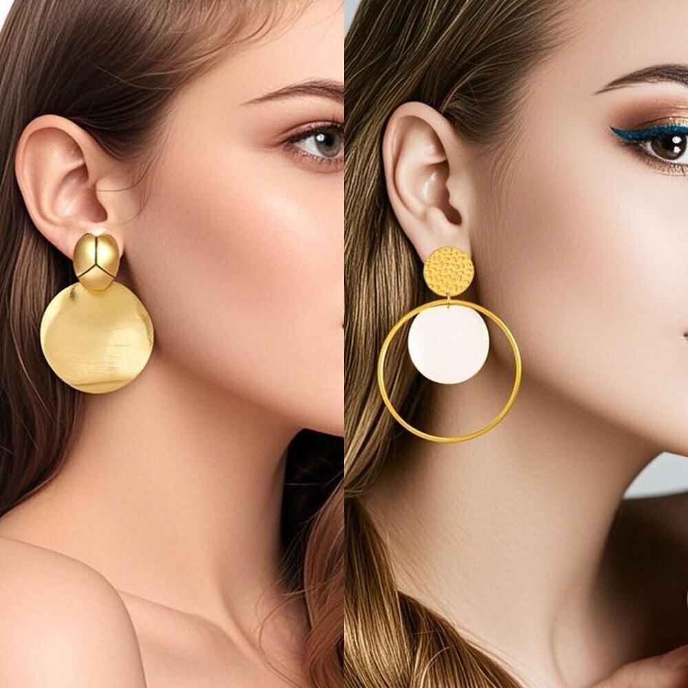 11 Pairs Gold Dangle Earrings Set Hammered Round Drop Statement for Women - Picture 2 of 7